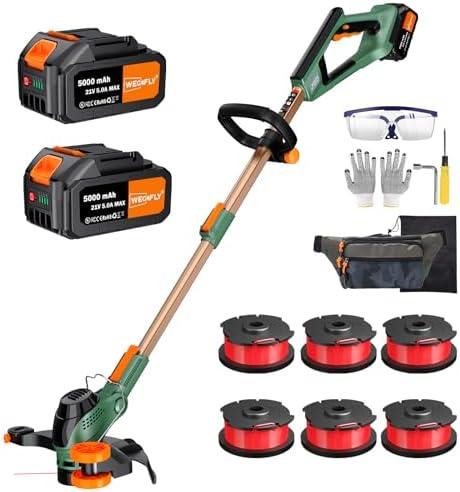 WeGofly 13-Inch String Trimmer Cordless,(2 x 21V 5.0Ah Batteries & Charger), 2 in 1 Trimmer & Edger, Electric Weed Wacker with Auto Rope Spool Feed, 6 Pcs 4M Spool Line for Yard, Garden, Green