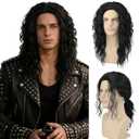 Mens Black Curly Wig 70s 80s Long Wavy Synthetic Hair Wigs for Rocker Costume Party Cosplay Halloween or Fun (18inch, Black)