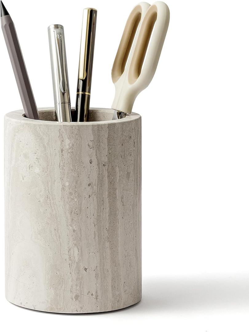 Natural Marble Pen Holder for Desk, Handcrafted Sturdy Desk Organizer with Anti-Slip Base 3.1 x 4.3 Unique Stone Craft for Office Supplies, Makeup Brushes & Home Decor Grey (WH077)
