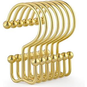 Goowin Shower Curtain Hooks, 12 Pcs Shower Curtain Rings, Durable Gold Shower Curtain Hooks, Double Glide Shower Curtain Rings Rust Proof, Simple Shower Hooks for Shower Curtain & Liner, Gold