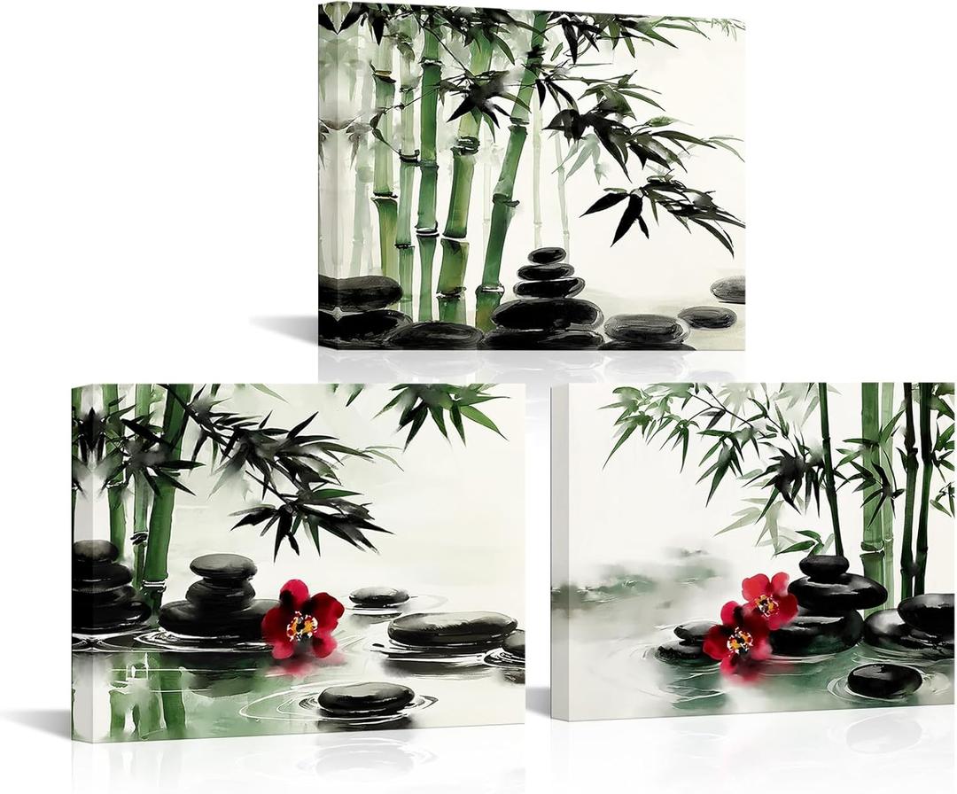 Biuteawal 3 Panels Zen Wall Art for Bathroom Decor Zen Stone with Green Bamboo Picture Print Peaceful Artwork Painting Home Bathroom Meditation Room Spa Room Decoration