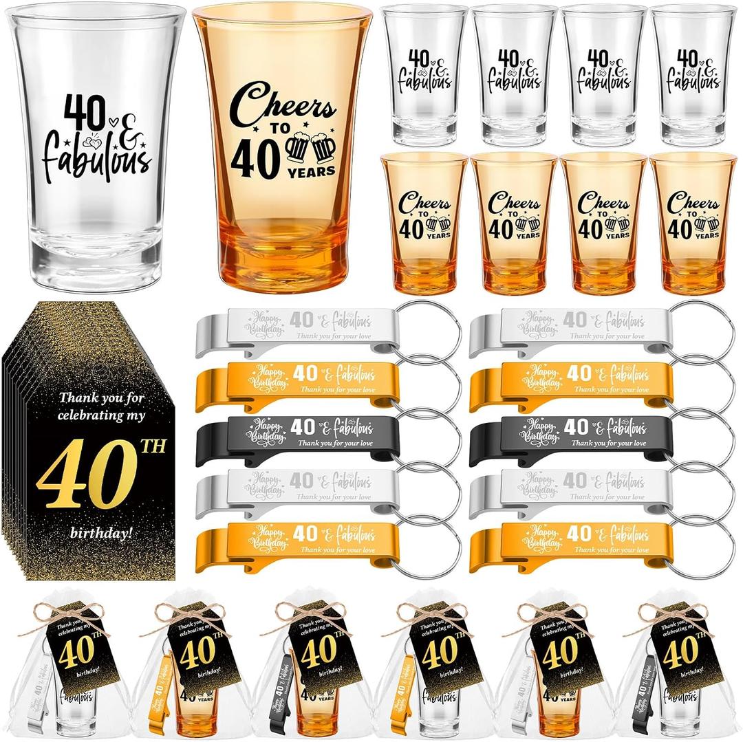 Domensi 50 Sets 40th Birthday Party for Guests Bulk Include Cheers to 40 Short Glasses Beer Bottle Opener Keychains Thank You Cards with Gift Bags and Ropes for Birthday Party Gifts