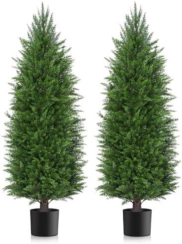 AOKIIE 5FT Artificial Cedar Topiary Trees UV Protection for Outdoor 2PCS | 60 Inch Tall UV Protection Fake Cypress Trees for Outdoors, Potted Pine Plants for Patio, Porch, Home, Doorway Decor