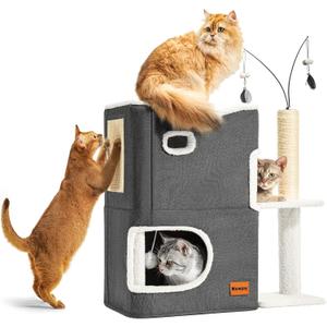 Cat House for Indoor Cats Adults Bed Tower with Scratching Post and Hideaway Cat Condo Cave and Cat Toys for Multi Pets Kitten Large Cats Beds Dark Grey
