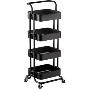 Pipishell 4 Tier Mesh Utility Cart, Rolling Metal Organization Cart with Handle and Lockable Wheels, Multifunctional Storage Shelves for Kitchen Living Room Office White, PIUC12B (Black)