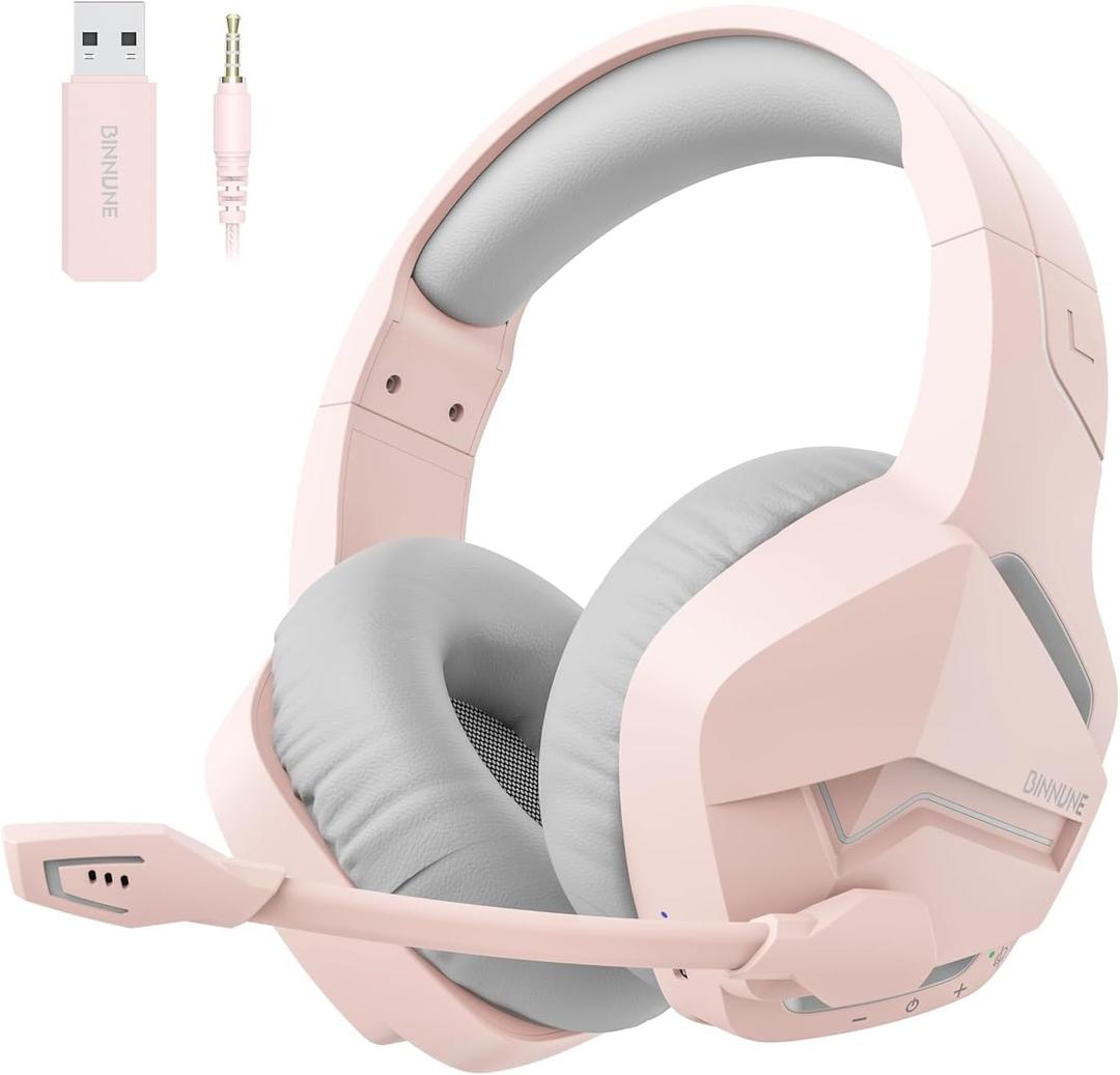 BINNUNE 2.4GHz Wireless Gaming Headset, Bluetooth 5.3 Gaming Headphones with Noise Canceling Mic, 120H Ultra-Long Battery, 50mm Drivers, Multi-Platform for PC / PS5 /PS4/ Switch/Mobile, Pink
