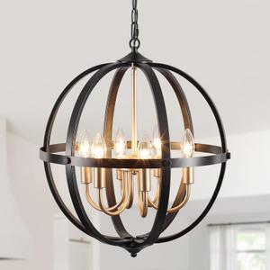 17.12'' Black and Gold Chandelier for Dining Room, 6-Light Modern Farmhouse Globe Chandelier, Metal Industrial Orb Pendant Light Adjustable Entryway Light Fixture for Kitchen Island Foyer