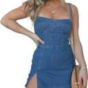 SOMTHRON Women's Tie Shoulder Denim Mini Dress Sleeveless Side Slit Smocked Bodycon Short Jean Dress, Medium