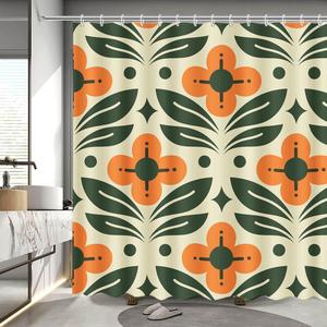 MEHOFOND Orange Floral Shower Curtain Vintage Mid Century Modern Abstract Geometric Green Plant Bathroom Curtain Boho Retro Classic 1950S 60S Bathtub Decor Fabric Waterproof Bath Curtain 72x72 Inch