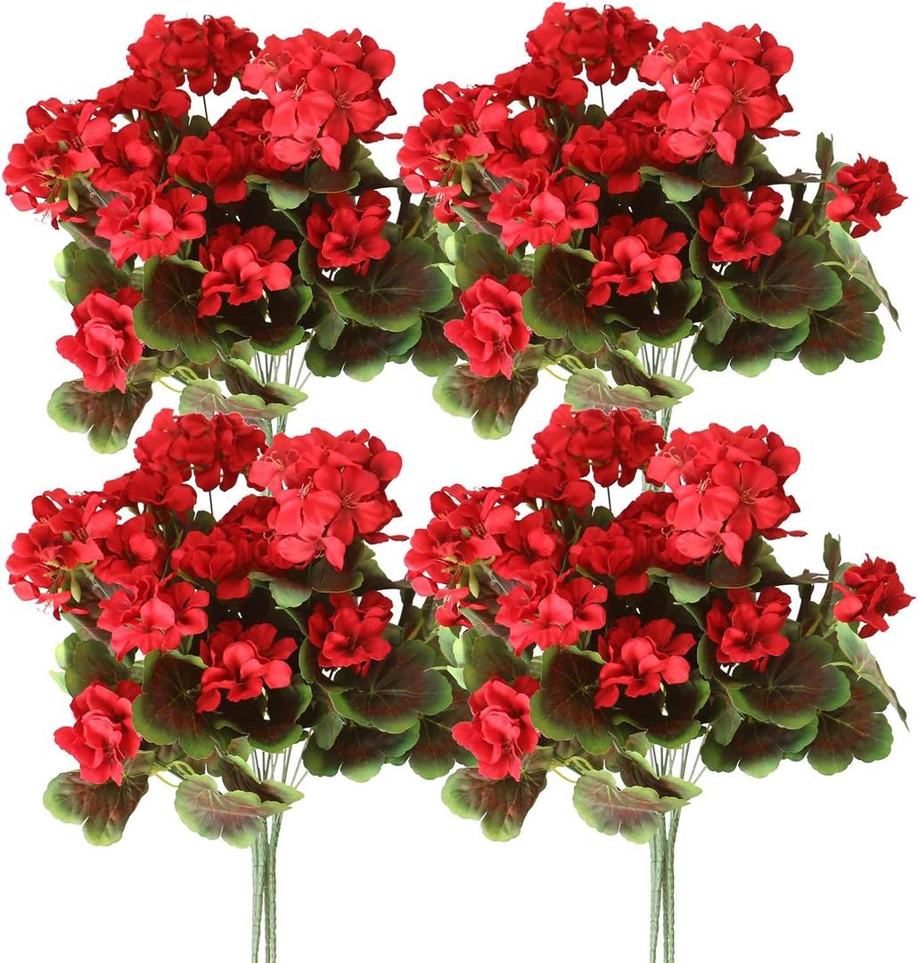 4PCS Realistic Outdoor Artificial Fake Geraniums Silk Flowers Plants, UV Resistant, No Fade, Look Real Outside Faux Plastic Greenery Red Flowers for Garden Porch Patio Window Box Hanging Planter