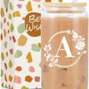 Birthday Gifts for Women, Monogrammed Initial Glass Cup Personalized Gifts for Women, 16oz Glass Cups with Lids and Straws, Iced Coffee Cup, Beer Can Shaped Glass - Gifts for Christmas, Birthday, A