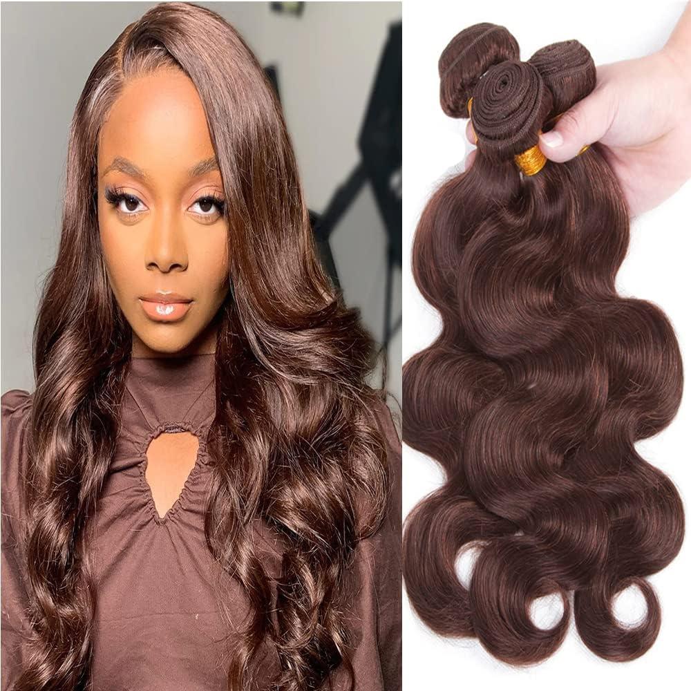 Augfst Brazilian Virgin Human Hair Bundles Chocolate Brown Color 4 Body Wave Human Hair Bundles 16 18 20 Inch Inch 12A Unprocessed Sewn In Quick Weave for Black Women