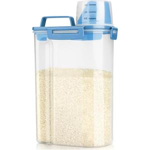 Rice Airtight Storage Container, 3 to 5Lbs Cereal Dry Food Flour Bin, Pet Dog Cat Food Dispenser with Measuring Cup, BPA Free Clear Plastic Kitchen and Pantry Organization Bin for Sugar, Pasta