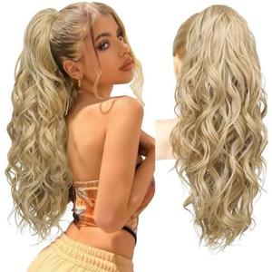 REECHO Ponytail Extension, 24" Claw Clip Ponytail Extension Wavy Ponytails Hair Extensions Jaw Clip on Pony Tails Natural Synthetic Hairpiece for Women Daily, Golden with Blonde Highlights