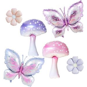 6pcs Pink Purple Mushroom Balloons Butterfly Balloons for Fairy Birthday Party Decorations Enchanted Forest Decorations Alice Wonderland Birthday Party Christmas Fairy First Birthday Decor Baby Shower