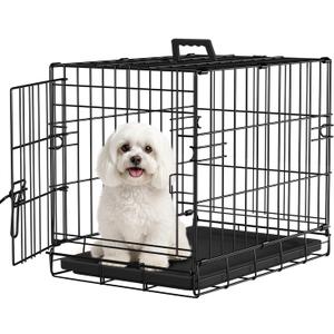 FDW Dog Crate for Small Dogs 18 Inch Folding Metal Wire Pet Cage Single Door W/Divider Panel Indoor Outdoor Kennel Leak-Proof Plastic Tray, Black