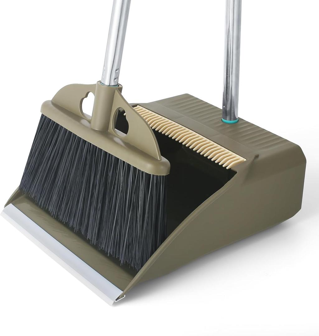 Upgrade Broom with Dustpan Combo Set, 48'' Long Handle Stiff Broom Bristles with Heavy Duty Dust Pan, Indoor Outdoor Easy Sweeping for Kitchen Lobby Garage Home