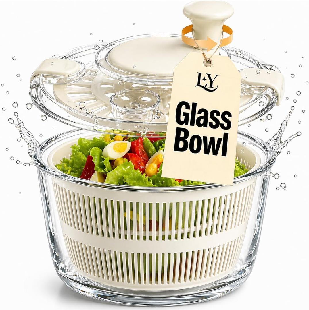 Large 5.2 Qt Glass Salad Spinner Vegetable Dryer with Drain Microwave Safe Dishwasher Safe with Transparent Lid Crank Handle Quick Spin Greens Washer for Lettuce Herbs Fruits (off-white)