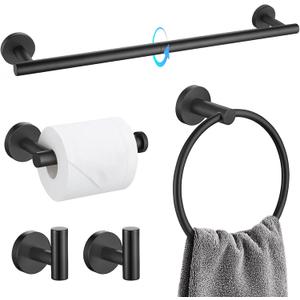 TQKAG Matte Black Bathroom Hardware Set 5 Pieces, SUS304 Stainless Steel Towel Bar Set Round Bathroom Towel Rack Set Wall Mounted