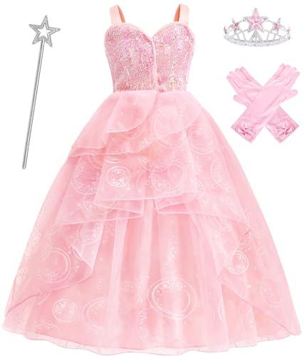 ODESABO Pink Witch Costume for Girls with Crown and Wand,Halloween Costume for Kids,The Good Witches Princess Dress Up (7-8 Years) 130