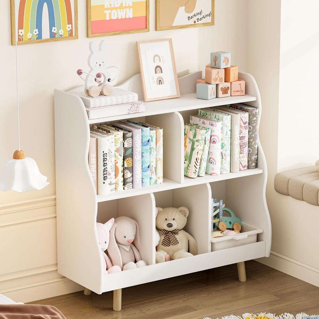 Treocho Kids Bookshelf and Toy Storage Orangizer, 3-Tier Wooden Children's Bookcase with Curve Design, 5 Cubbies Toy Storage Cabinet Display with Legs for Children's Room, Playroom, School, White, 35.43 Inches L X 13.78 Inches W X 36.22 Inches H