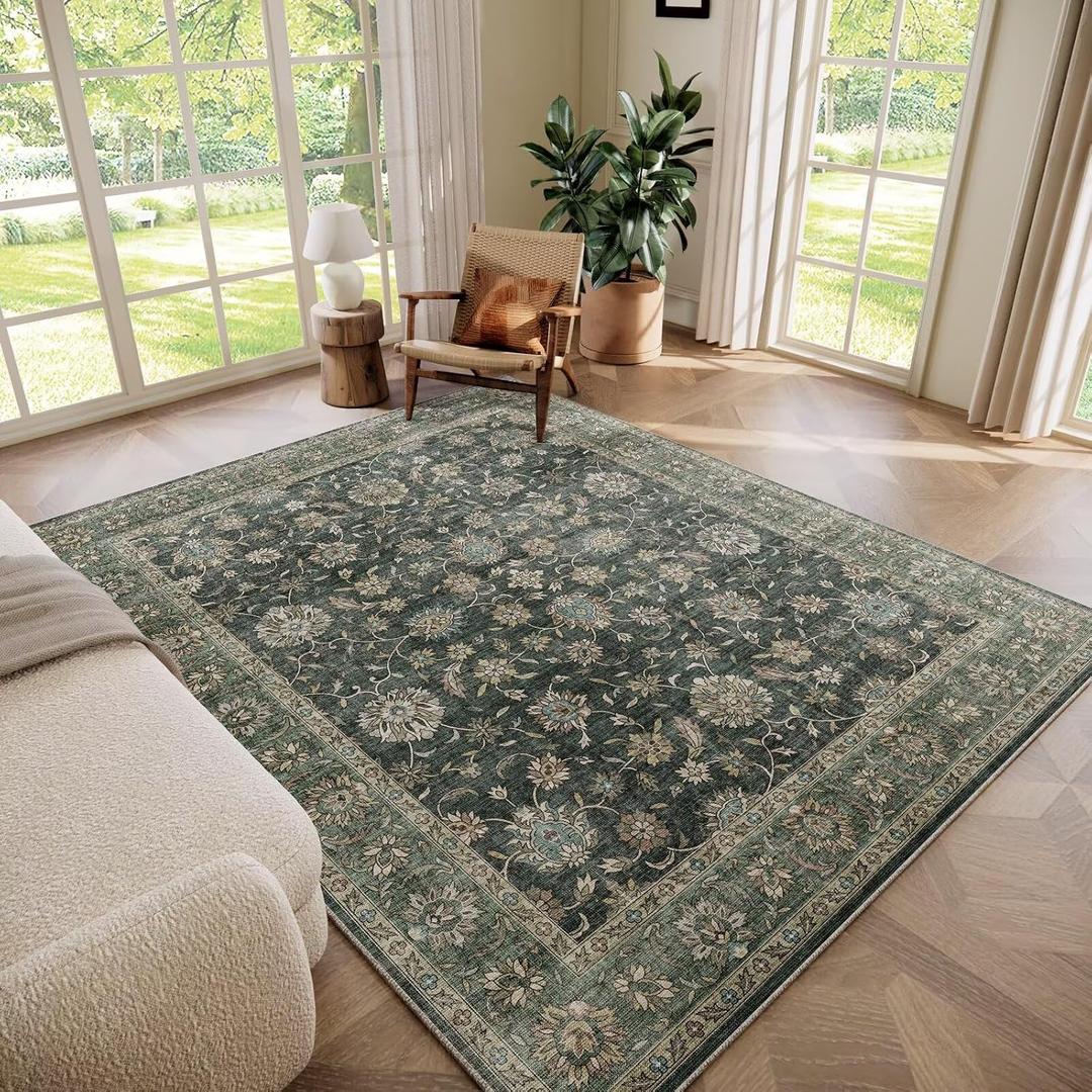 Washable 6x9 Area Rugs for Living Room, Boho Non-Slip Vintage Distress Large Rugs for Bedroom Dining Room Nursery Office, 0.3" Neutral Oriental Throw Thin Carpet, Sage Green/Multi, E1