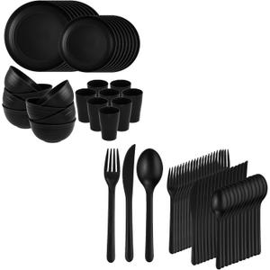 Supernal Wheat Straw Dinnerware Sets, 19pcs Plastic Silverware Heavy Duty,Unbreakable Dinner Plates , Microwave Dishwasher Safe,Reusable Dinnerware, Black Silverware Set Plastic Reusable Wheat Stra 
