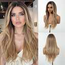 testar Long Straight Ombre Blonde Wigs for White Women Dark Brown to Blonde Highlights Silky Hair Synthetic Middle Part Wigs for Daily Use Lace Closure Natural Hairline 26 IN
