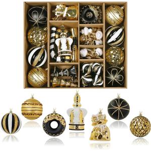SHareconn 70pcs Christmas Balls Ornaments Set, Shatterproof Plastic Baubles for Xmas Tree Holiday Wedding Party Decorations with Hanging Strings, Black, White and Gold