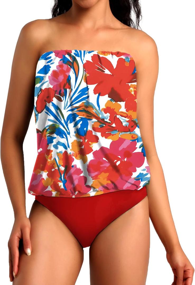 Two Piece Bandeau Tankini Swimsuits for Women Loose Blouson Swim Top with Bikini Bottom Tummy Control Bathing Suits (Red, L)
