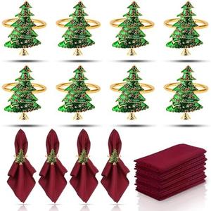 KPOSIYA 6pcs Christmas Tree Napkin Rings Set of 8and 8 Christmas Napkins Cloth, Napkins holdes for Dinning Table Setting Decoration, Xmas Dinner Tables Rings for Winter Party