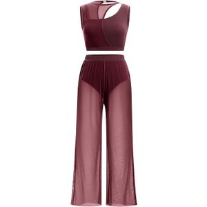 Lyrical Dance Dress for Women 2PCS Chiffon Cross Back Crop Top Ballet Leotard Shorts Mesh Sheer Pants Dance Outfits