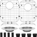 2Pack 304 Stainless Steel Sink Protector for Double Kitchen Sink Rear Drain,(13"x16"& 11.26"x14.5") Metal Sink Grid SinkGrate Sink Rack for Bottom of KitchenSink w/SinkStrainers Rubber feet