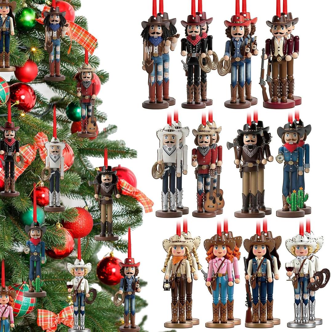 24 Pcs Christmas Nutcracker Ornaments 4.7 Inch Wooden Hanging Nutcrackers Figure for Christmas Tree Hanging Double-Sided Printing Holiday Decor Xmas Party Supplies(Western Cowboy)