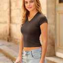 2 x Women's Basic V Neck Short Sleeve T Shirts Summer Cute Baby Tee Slim Fit Cotton Tops (Brown, L)
