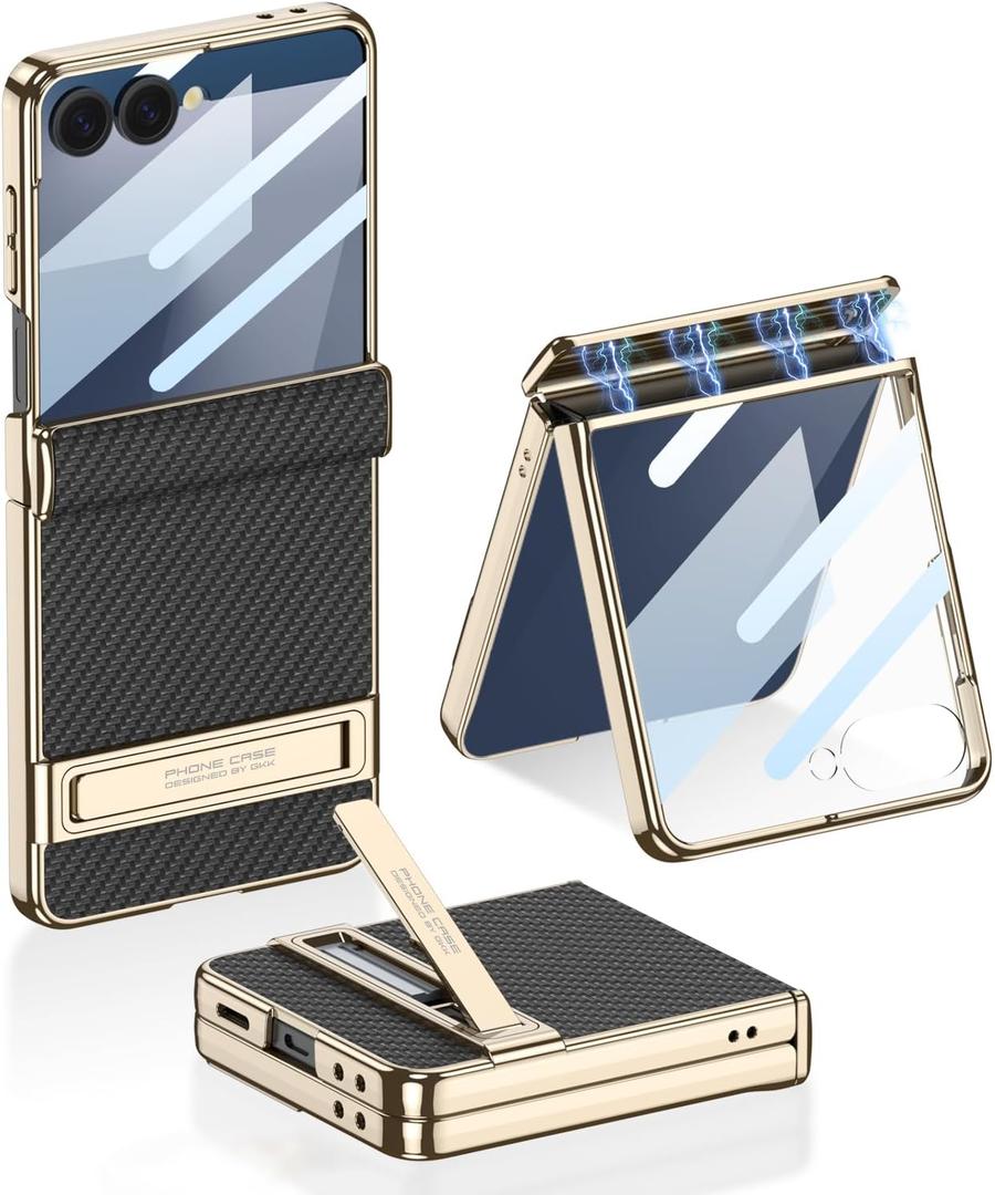 Lunivop Phone Case Compatible with Samsung Galaxy Z Flip 7 Case PU Leather with Built-in Screen Protector Magnetic Hinge Protection Kickstand Cover for Samsung Z Flip 7 (Carbon Fiber)