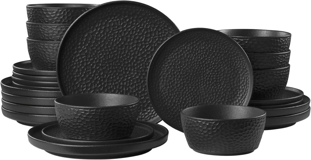 24-Piece Hammered Ceramic Dinnerware Sets, Matte Black | Hammered Texture | Plates & Bowls Set | Stackable | Microwave, Dishwasher & Oven Safe | Serves 8 | Ideal Gift