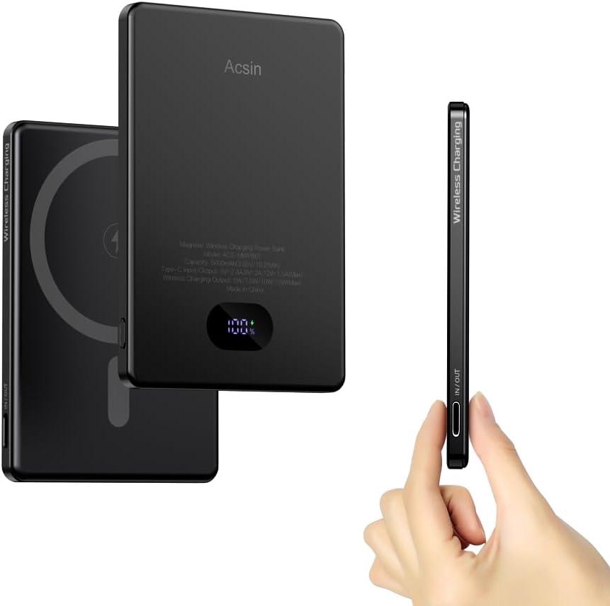 Magnetic Portable Charger Ultra Slim 5000mAh for Battery Pack,Wireless Power Bank with 20W Two Way USB-C Charging for iPhone 15 Pro Max /15 Pro/15 Plus/15/14/13/12 Series (Black)