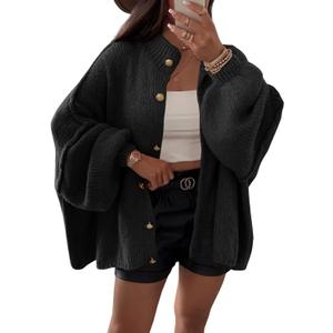 Saodimallsu Womens Oversized Cardigans Long Lantern Sleeve Button Down Chunky Knit Loose Fall Sweater Coats (Small, Black)