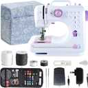 Mini Sewing Machine for Beginners and Kids Ages 8-12, Portable Sewing Machines with 12 Built-in Stitch Patterns, Light, 2 Speed Foot Pedal - Purple & White (with 27 Pieces Sewing Kit & Case)