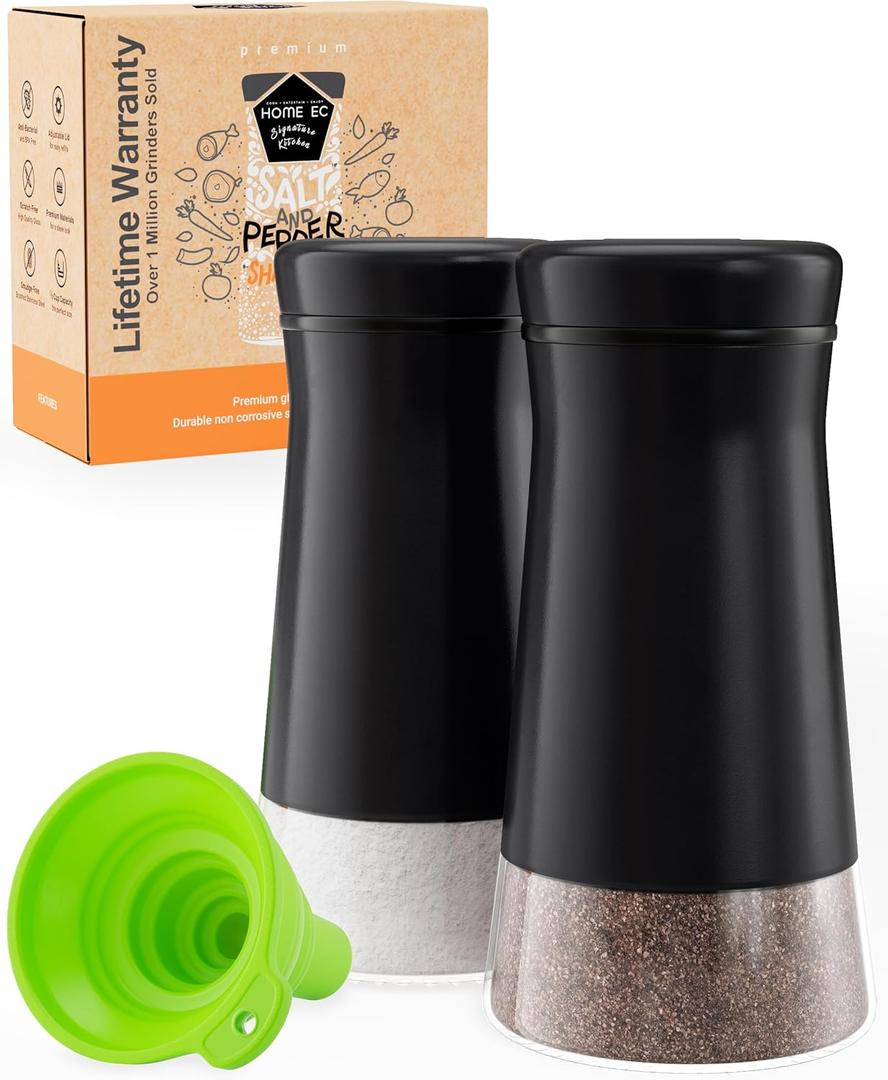 HOME EC Original Salt and Pepper Shakers Set with Adjustable Pour Holes - Black Salt Shaker and Pepper Shaker - Farmhouse Spice dispenser for salts, Ground peppercorn and spices (2pk)