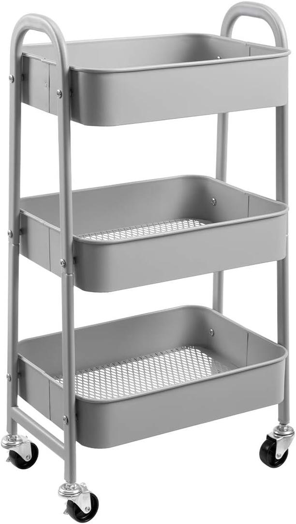 AGTEK Makeup Cart, Movable Rolling Organizer Cart, 3 Tier Metal Utility Cart, Grey (Gray)