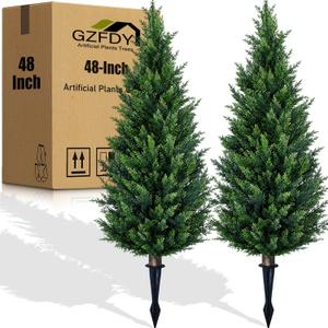 4Ft Artificial Cedar Topiary Trees (2-Pack) - UV Resistant Fake Shrubs with Ground Spike for Outdoor & Indoor Use, Front Porch, Garden Decor
