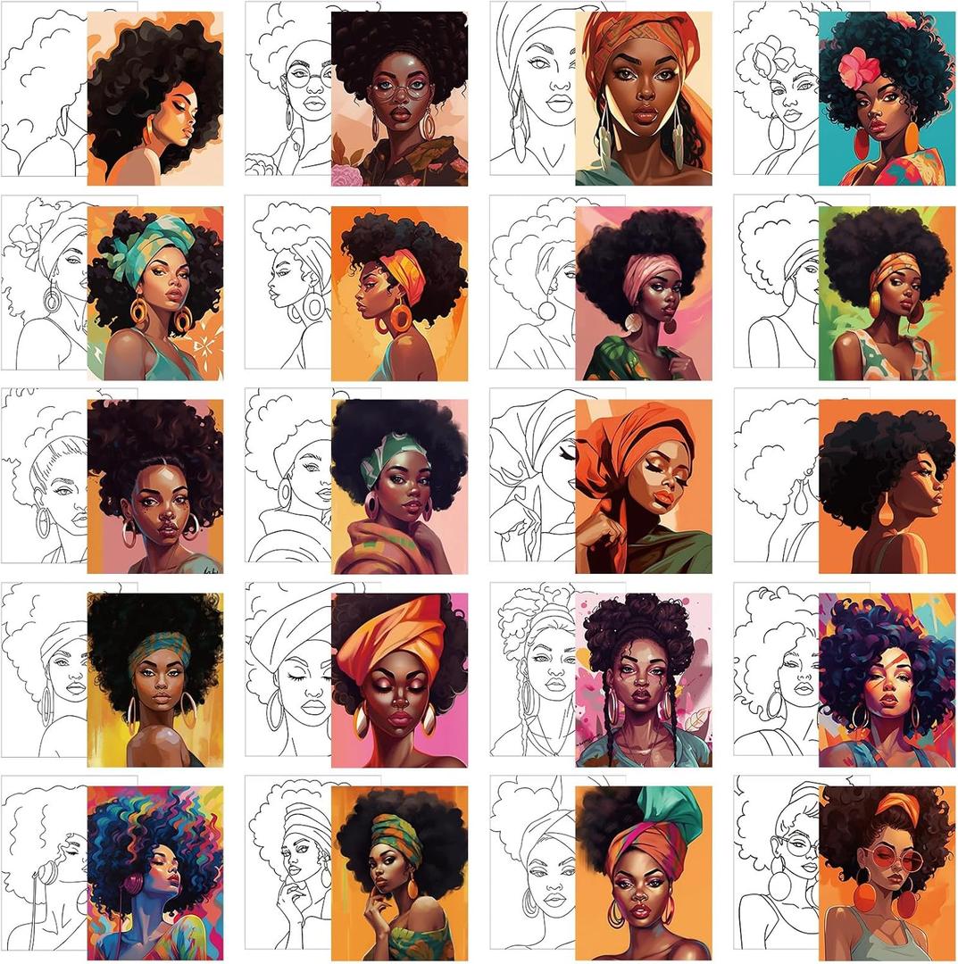 Sherr 20 Pcs Stretched Pre Drawn Canvas Afro Queen Black Art for Painting for Adults Outline Pre Drawn Stretched Cotton Canvas to Paint Party Set, 8 x 10''(Vivid)