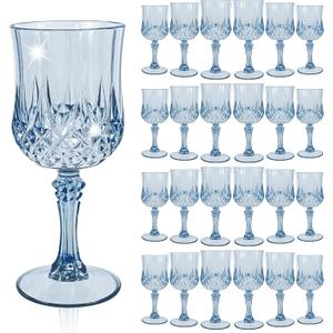 24 Pcs Blue Plastic Wine Glasses, Plastic Goblets for Parties, Vintage Wine Glasses Bulk, Reusable Drinking Glass, Drinkware Cups for Wedding Party Reception Event Supplies