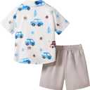 Hawaiian Shirts for Toddler Boy 2 Pieces, Summer Short Button Down Shirt and Short Cute Cartoon Prints Outfit for kid 7Y