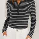 ZESICA Womens Long Sleeve Striped Shirts V Neck Button Up Sweater Casual Loose Basic Tops Trendy Spring Clothes (Black, M)