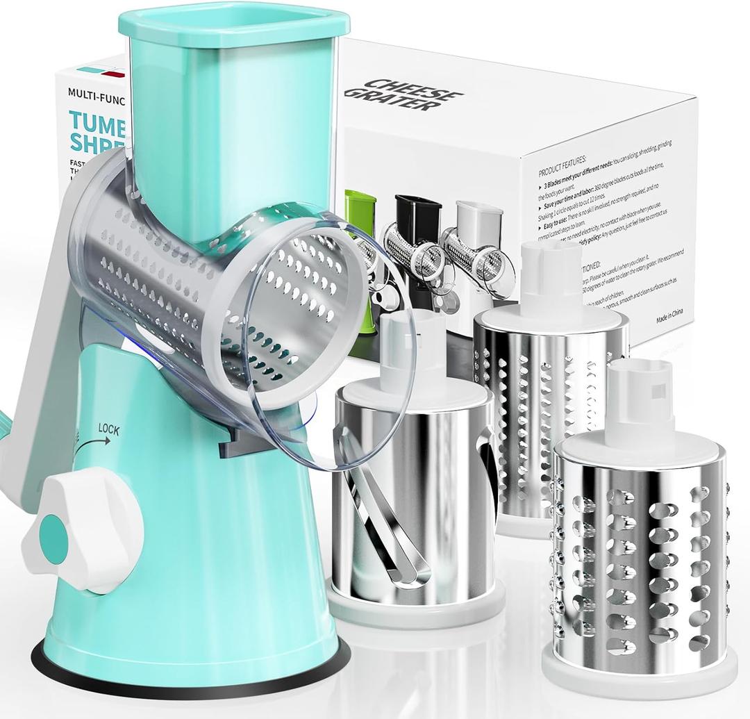 Cheese Grater Hand Crank, Rotary Cheese Shredder with 3 Interchangeable Blades for Coarse, Fine Shredding and Slicing, Strong Suction Base for Pizza, Pasta, Salad, Vegetables, Nuts, Chocolate