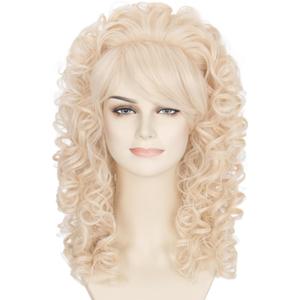 Miss U Hair 60s Long Curly Blonde Beehive Wig for Women 80s Vintage Costume Wig with Bangs for Halloween Party