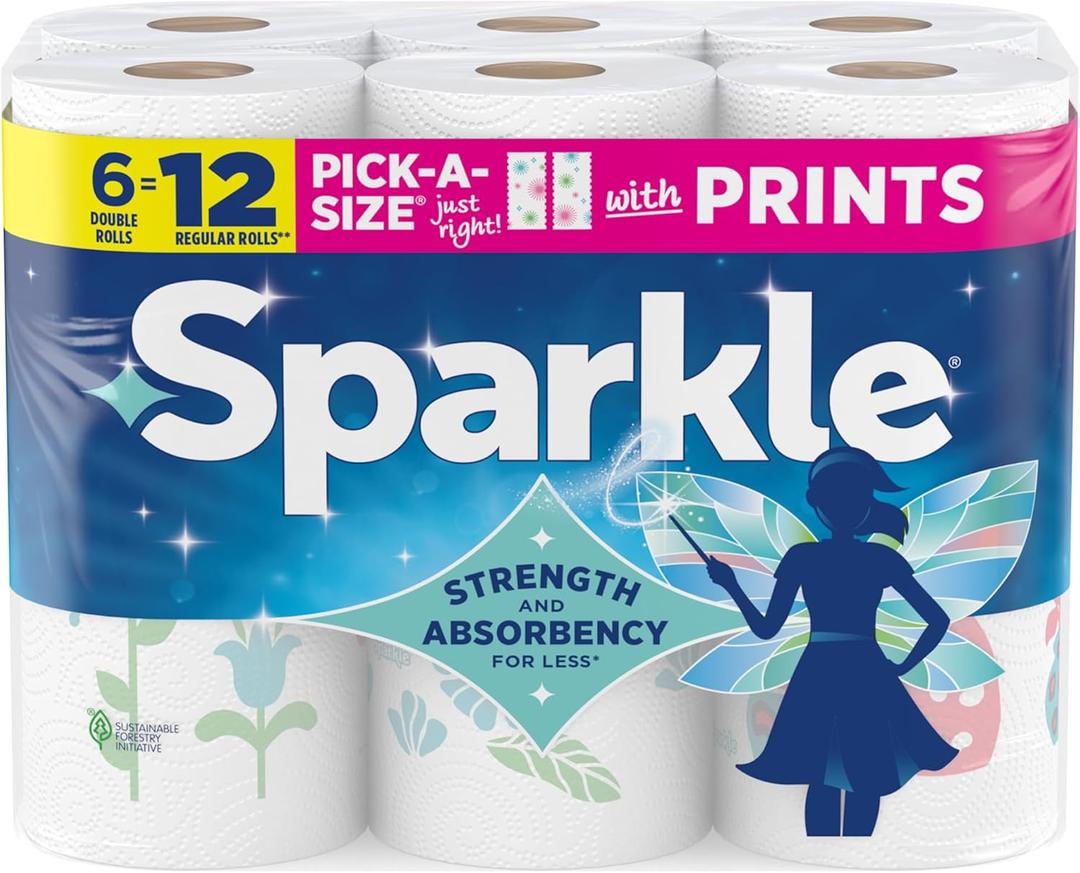 Sparkle Pick-A-Size Paper Towels, Spirited Print Design, 6 Double Rolls (660 Sheets Total) - Strong 2-Ply Towels for Kitchen Cleanup and Everyday Messes